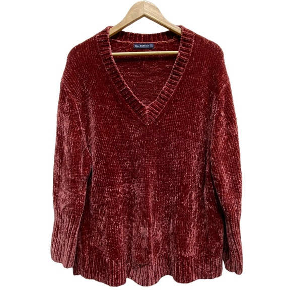 Zara Knit Chenille V-Neck Long Sleeve Oversize Sweater Maroon Red Small (XL Fit) - Picture 4 of 7